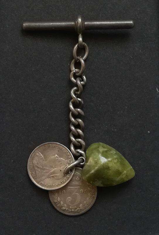 STERLING SILVER LONDON 1897 T-BAR FOR FOB CHAIN + 1894 +1895 6 PENCE AND STONE HEART