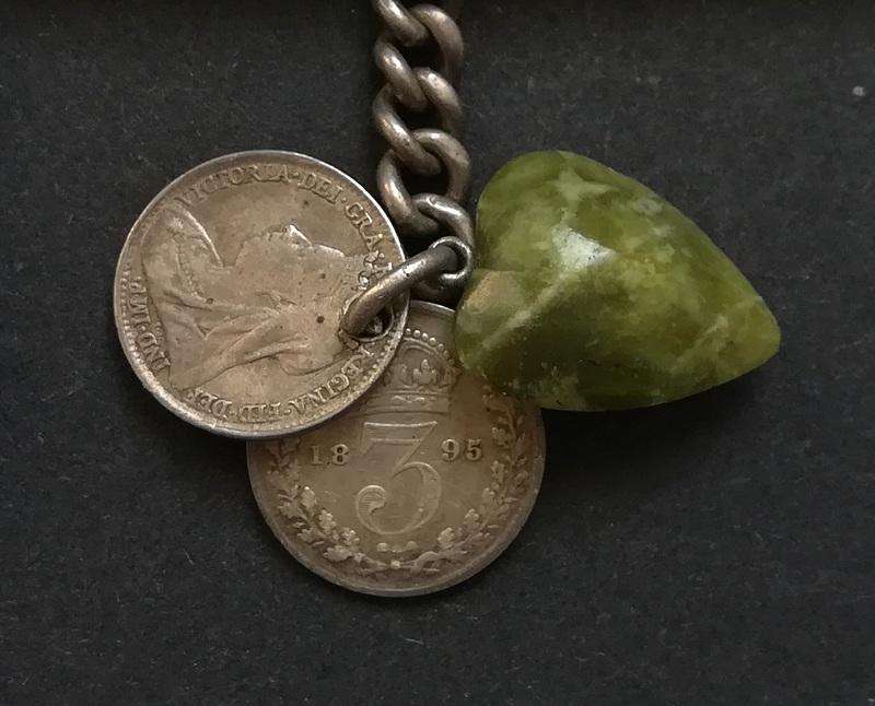 STERLING SILVER LONDON 1897 T-BAR FOR FOB CHAIN + 1894 +1895 6 PENCE AND STONE HEART