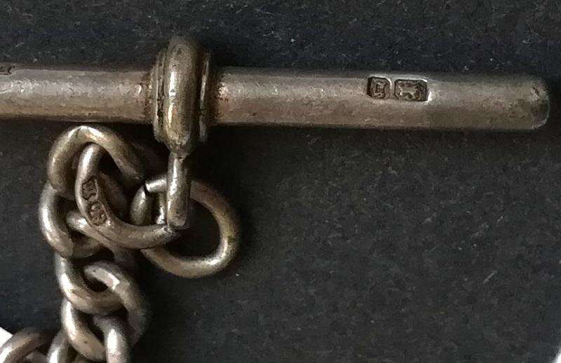 STERLING SILVER LONDON 1897 T-BAR FOR FOB CHAIN + 1894 +1895 6 PENCE AND STONE HEART
