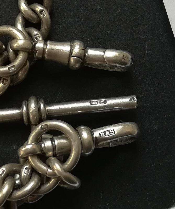 STERLING SILVERBIRMINGHAM 1917  FOB CHAIN *ALL LINKS MARKED* 380+30MM 51.7 GRAMS GRAMS