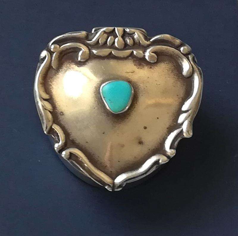 STERLING SILVER AND TURQUOISE HEART SHAPE PILL BOX 36X36MM