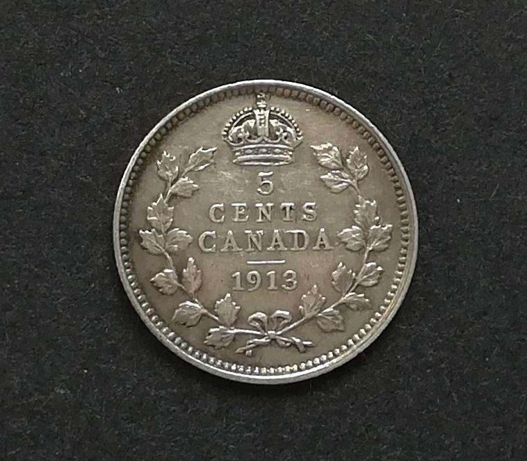 CANADA 1913 SILVER 5 ENTS *CLEANED*