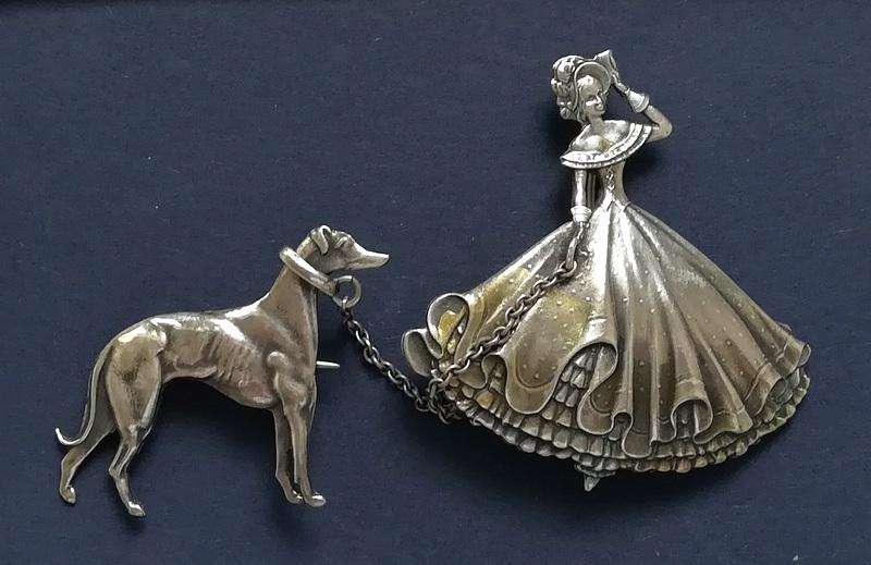 CANDIDA STERLING SILVER *LADY WITH DOG* BROOCH 45X45 + 30X30MMMM 15.9GRAMS