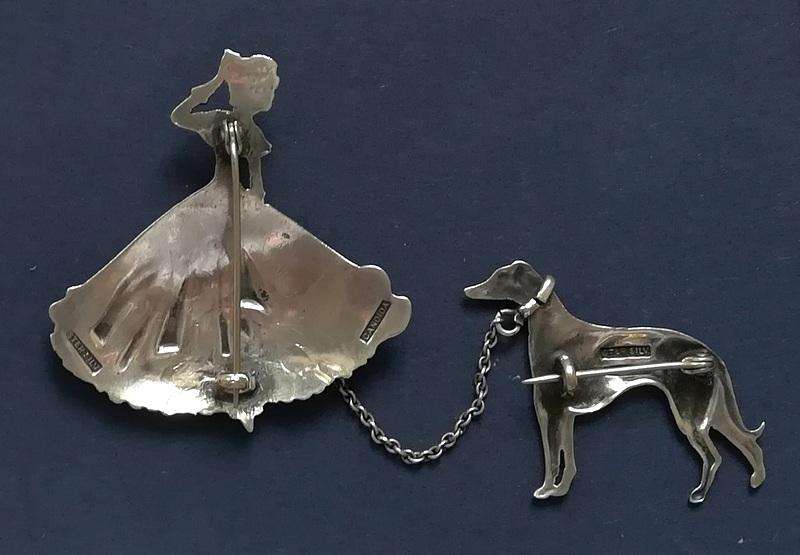 CANDIDA STERLING SILVER *LADY WITH DOG* BROOCH 45X45 + 30X30MMMM 15.9GRAMS