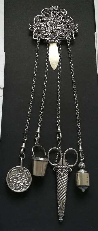 **RARE** STERLING SILVER BIRMINGHAM 1889 *SEWING CHATELAINE* 4 X CHAINS 70X100X300MM 127 GRAMS