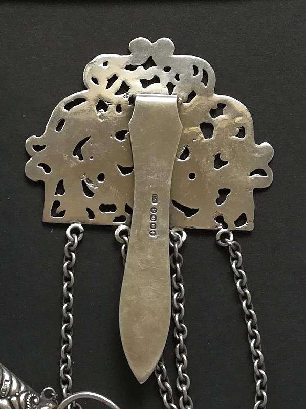 **RARE** STERLING SILVER BIRMINGHAM 1889 *SEWING CHATELAINE* 4 X CHAINS 70X100X300MM 127 GRAMS
