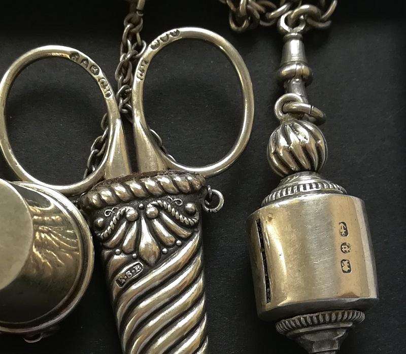**RARE** STERLING SILVER BIRMINGHAM 1889 *SEWING CHATELAINE* 4 X CHAINS 70X100X300MM 127 GRAMS