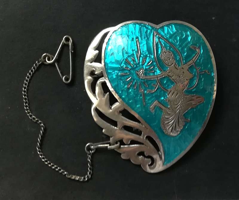 SIAM STERLING SILVER + ENAMEL HEART BROOCH 38X42MM 10 GRAMS