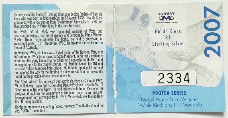RSA 2007 PROOF SILVER 1 RAND *DE KLERK*