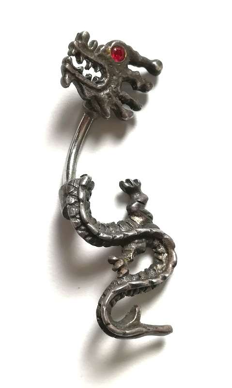 STERLING SILVER *DRAGON WITH RED EYES* BELLY RING 15X35MM