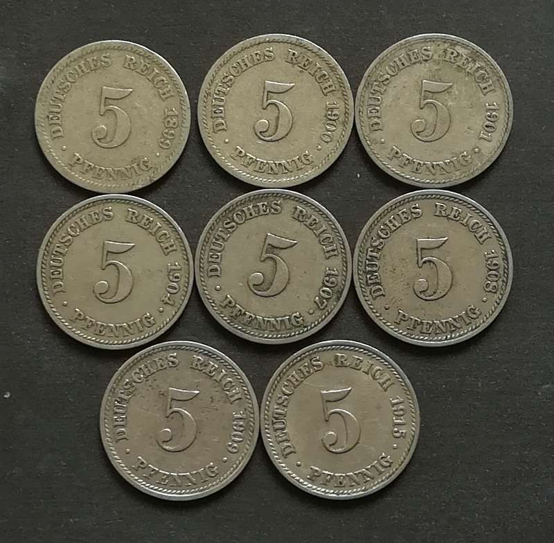 GERMANY 1899 TO 1915 5 PFENNIG (8 COINS) ALL DIFFERENT DATES