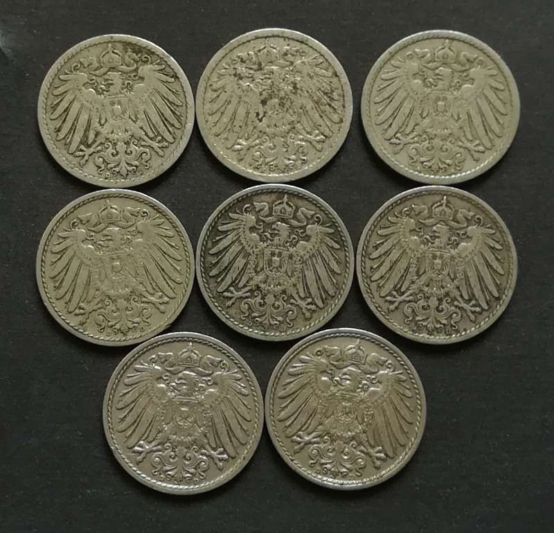 GERMANY 1899 TO 1915 5 PFENNIG (8 COINS) ALL DIFFERENT DATES