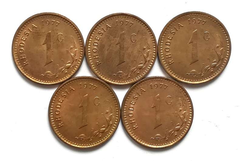 RHODESIA 1977 CENT **EXCELLENT** (5 COINS)