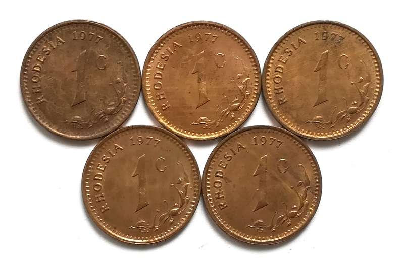 RHODESIA 1977 CENT **EXCELLENT** (5 COINS)