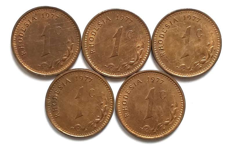 RHODESIA 1977 CENT **EXCELLENT** (5 COINS)