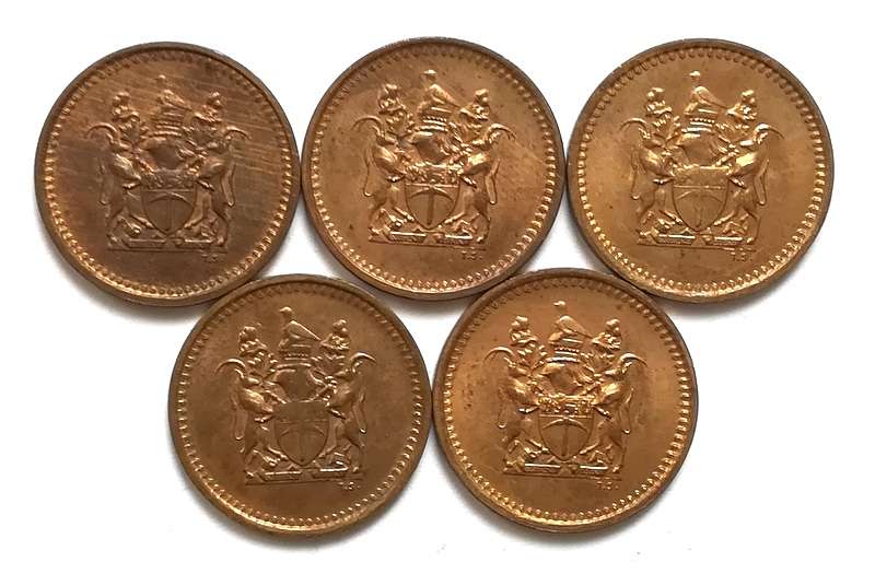 RHODESIA 1977 CENT **EXCELLENT** (5 COINS)