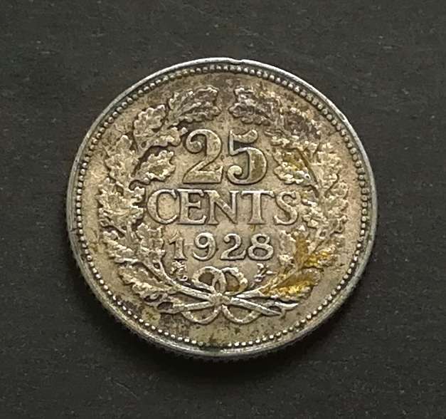 NETHERLANDS 1928 SILVER 25 CENTS