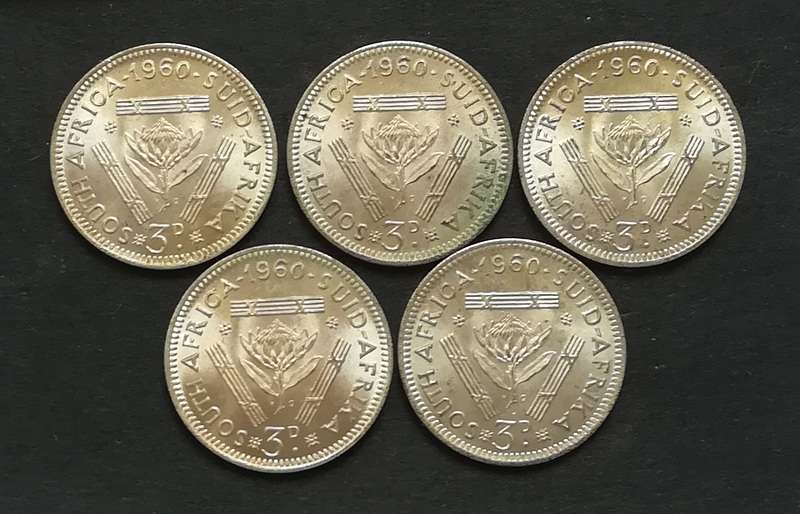 UNION 1960 3 PENCE  **EXCELLENT** (5 COINS)