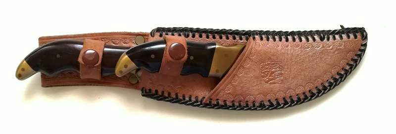 JOHN G WEEKS (RHODESIA) C1980 HAND WOEN LEATHER DOUBLE SHEATH KNIFE 1 210MM KNIFE2 300MM