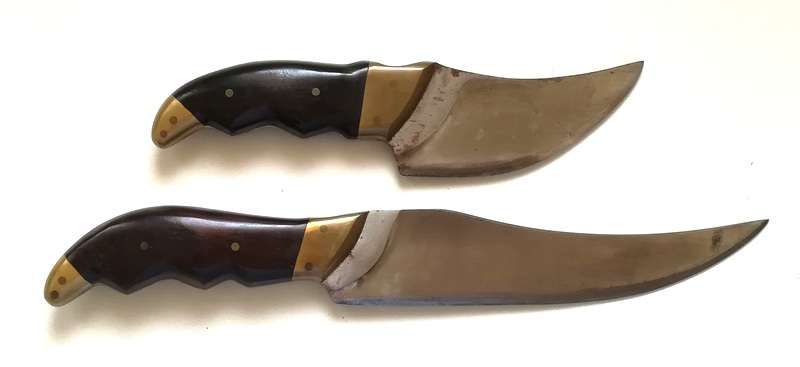 JOHN G WEEKS (RHODESIA) C1980 HAND WOEN LEATHER DOUBLE SHEATH KNIFE 1 210MM KNIFE2 300MM