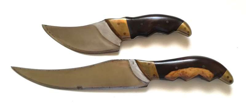 JOHN G WEEKS (RHODESIA) C1980 HAND WOEN LEATHER DOUBLE SHEATH KNIFE 1 210MM KNIFE2 300MM