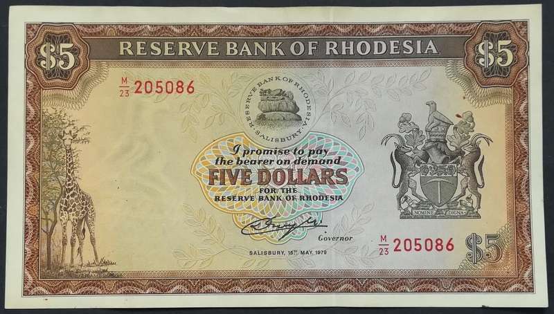 RHODESIA 1979 5 DOLLARS NOTE *BIRD WATERMARK*
