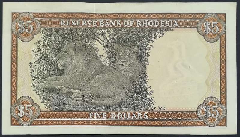 RHODESIA 1979 5 DOLLARS NOTE *BIRD WATERMARK*