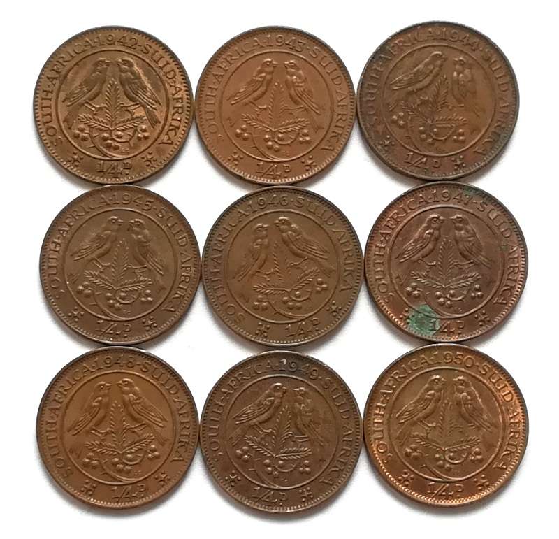 UNION 1942 TO 1950 1/4 PENNY *ALL DATES* 9 COINS