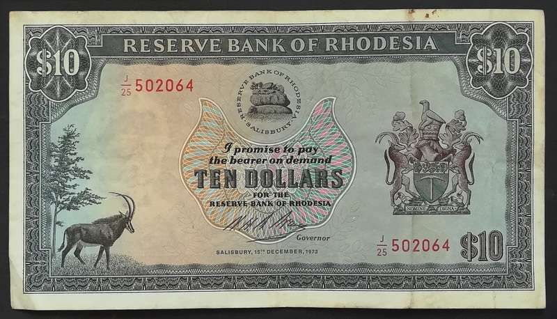 RHODESIA 1973 10 DOLLARS NOTE *RHODES WATERMARK*