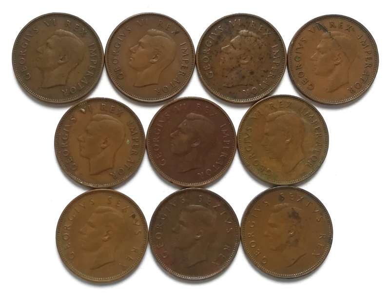 UNION 1/2 PENNY 1940 TO 1950 ALL DATES **NO 1947** (10 COINS)