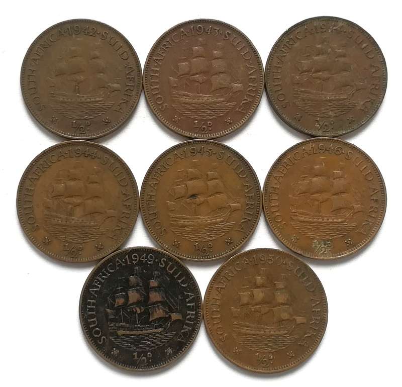 UNION 1/2 PENNY 1941 TO 1950 ALL DATES **NO 1947+1948** (8 COINS)