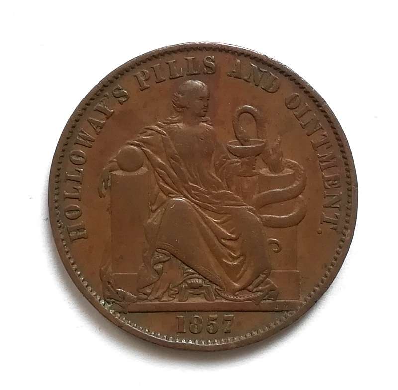 TRADE TOKEN 1857 PROFESSOR HOLLOWAY LONDON PILLS + OINTMENT 28MM