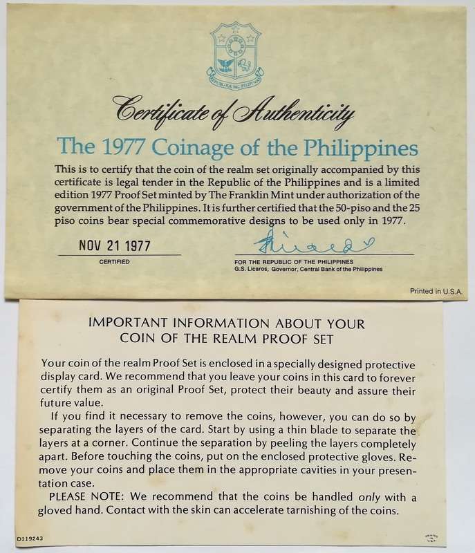 1977 PHILIPPINES PROOF SET WITH COA 50+25 PISO SILVER