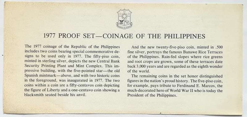 1977 PHILIPPINES PROOF SET WITH COA 50+25 PISO SILVER