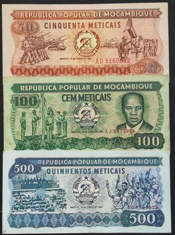 MOZAMBIQUE 50+100+500 METICALS (3 NOTES)