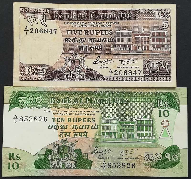 MAURITIUS 5 + 10 RUPEES (2 NOTES)