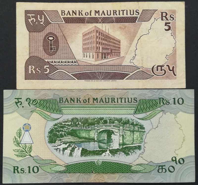 MAURITIUS 5 + 10 RUPEES (2 NOTES)