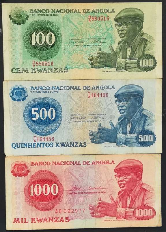 ANGOLA 1970'S 100+500+1000 KWANZAS (3 NOTES)