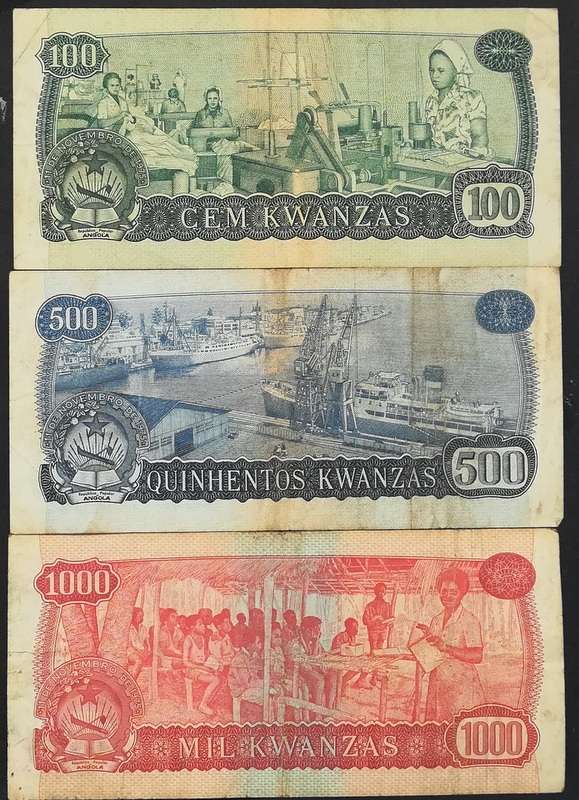 ANGOLA 1970'S 100+500+1000 KWANZAS (3 NOTES)