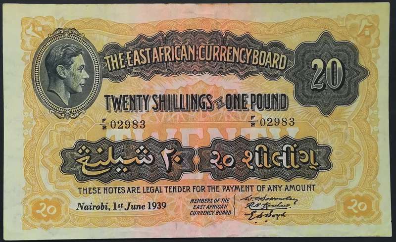 1939 THE EAST AFRICAN URRENCY BOARD 20 SHILLINGS NOTE
