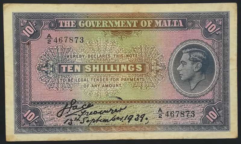 1939 THE GOVERNMENT OF MALTA 10 SHILLINGS BANK NOTE