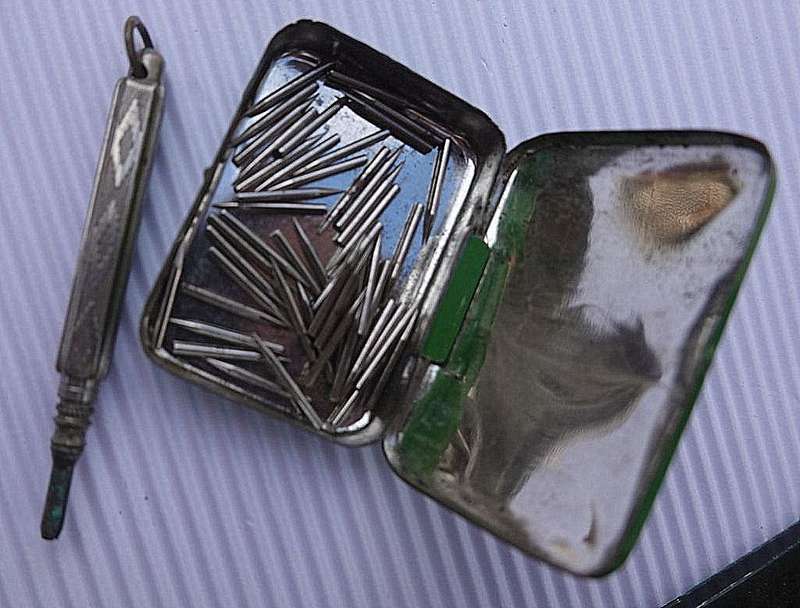 GALLOTONE NEEDLE TIN AND CHATELAINE PENCIL