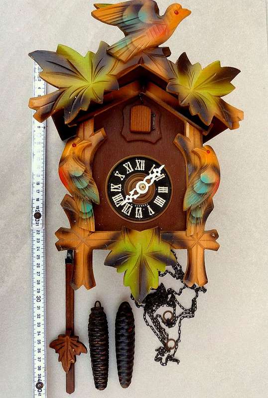 CUCKOO CLOCK, rare colourful handmade German forest clock