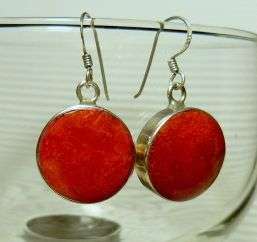ROUND CORAL RED DROP EARRINGS, STERLING SILVER