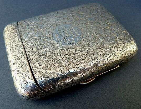 ANTIQUE ORNATE CIGARETTE CASE WITH ENGRAVING. 1893. STERLING SILVER 88.90 g. GILT INNER.MAKERS STAMP