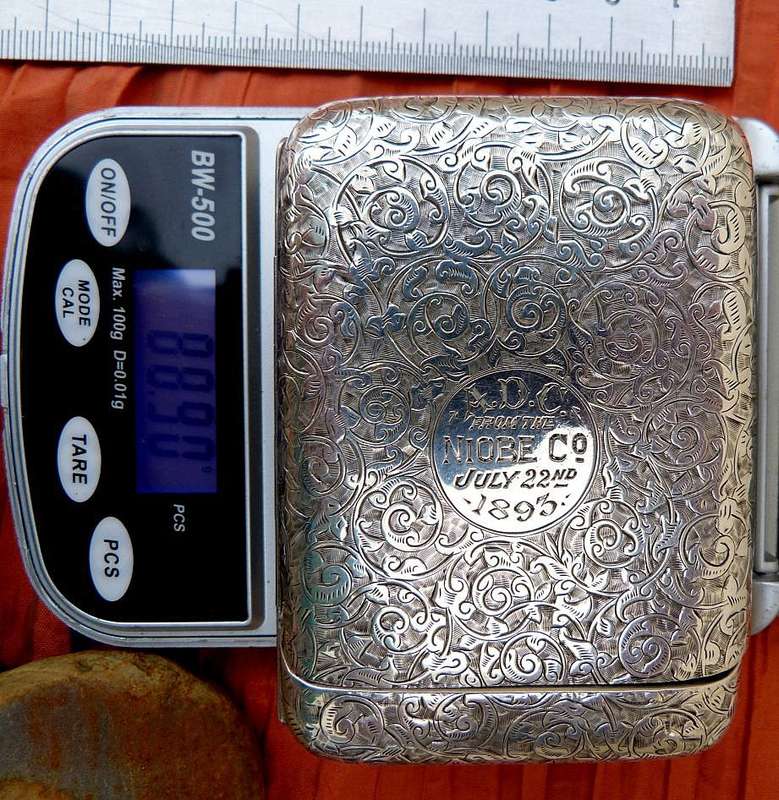 ANTIQUE ORNATE CIGARETTE CASE WITH ENGRAVING. 1893. STERLING SILVER 88.90 g. GILT INNER.MAKERS STAMP