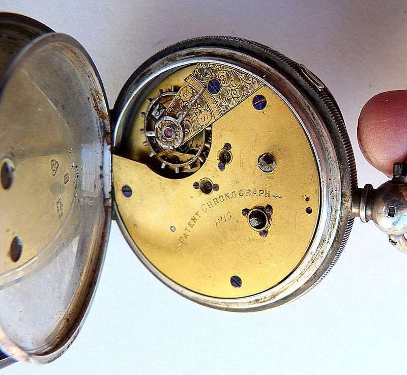 ANTIQUE POCKET WATCH, 1915. STERLING SILVER. "PATENT CHRONOGRAPH" REGISTERED.