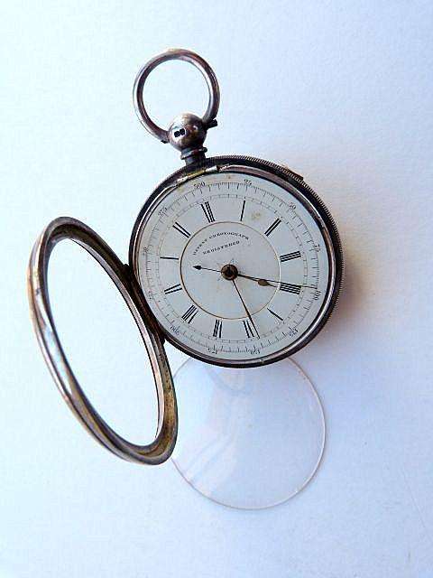 ANTIQUE POCKET WATCH, 1915. STERLING SILVER. "PATENT CHRONOGRAPH" REGISTERED.