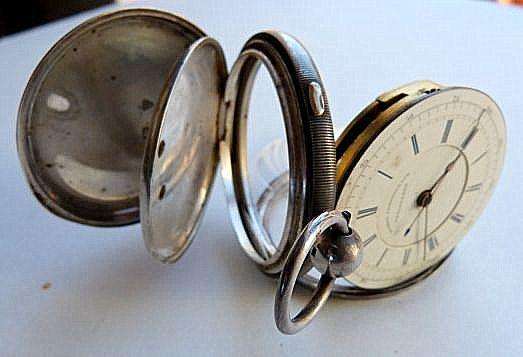 ANTIQUE POCKET WATCH, 1915. STERLING SILVER. "PATENT CHRONOGRAPH" REGISTERED.