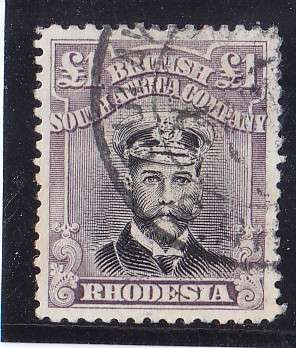 RHODESIA BSAC 1918 ADMIRAL ONE POUND SG 278 DIE 111B USED   CV R16000